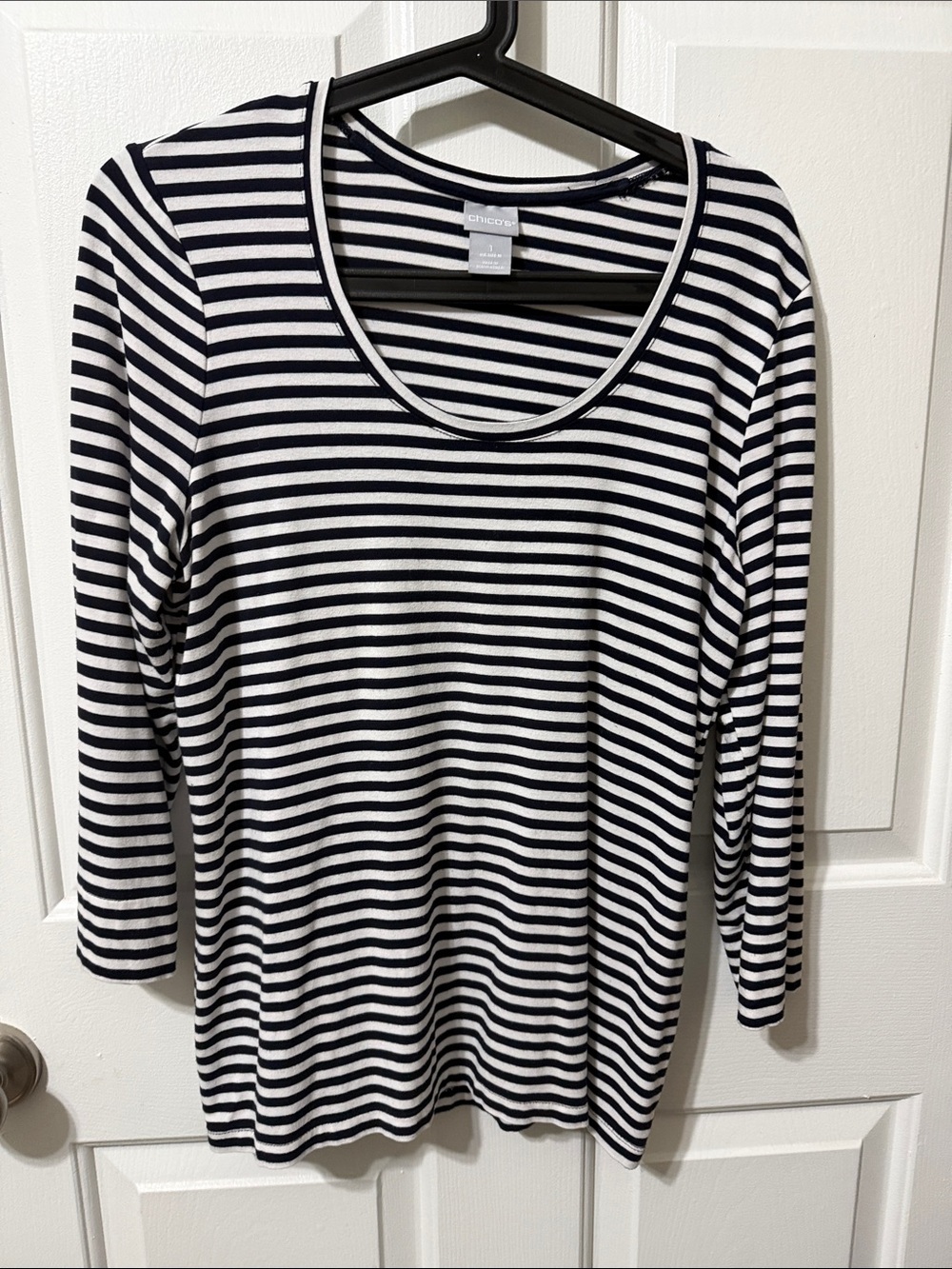 Chico's Navy and White Striped Scoop Neck Long Sleeve Top